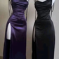 Purple Spaghetti Straps Sheath Satin Long Party Dresses Wedding Guest Dresses, D1066
