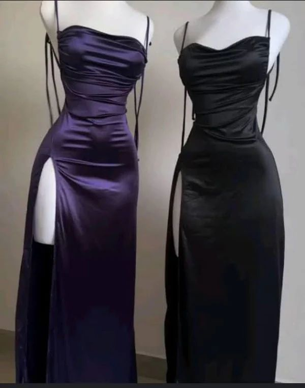 Purple Spaghetti Straps Sheath Satin Long Party Dresses Wedding Guest Dresses, D1066
