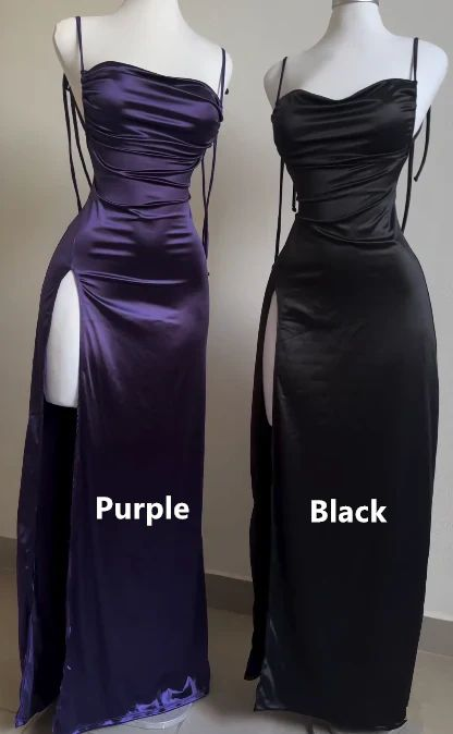 Purple Spaghetti Straps Sheath Satin Long Party Dresses Wedding Guest Dresses, D1066