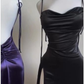 Purple Spaghetti Straps Sheath Satin Long Party Dresses Wedding Guest Dresses, D1066
