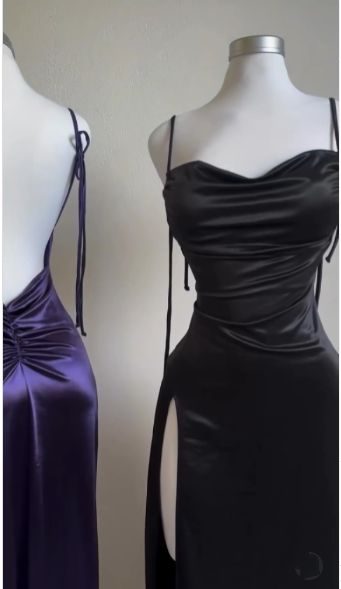 Purple Spaghetti Straps Sheath Satin Long Party Dresses Wedding Guest Dresses, D1066