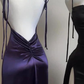 Purple Spaghetti Straps Sheath Satin Long Party Dresses Wedding Guest Dresses, D1066