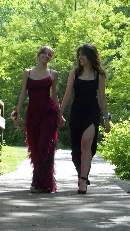 Burgundy Spaghetti Straps Sheath Ruffles Long Prom Dresses Evening Gowns, D1067