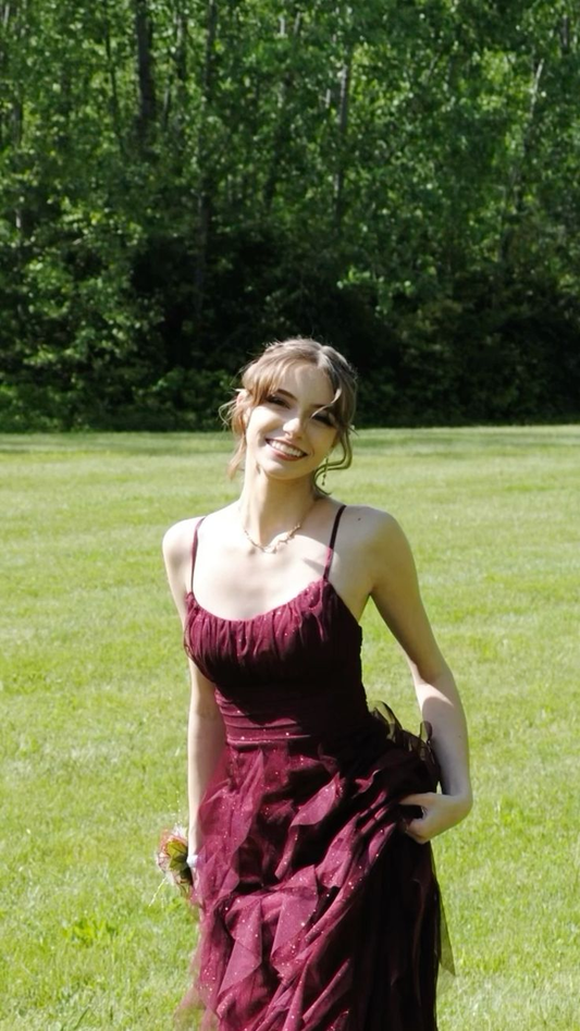Burgundy Spaghetti Straps Sheath Ruffles Long Prom Dresses Evening Gowns, D1067
