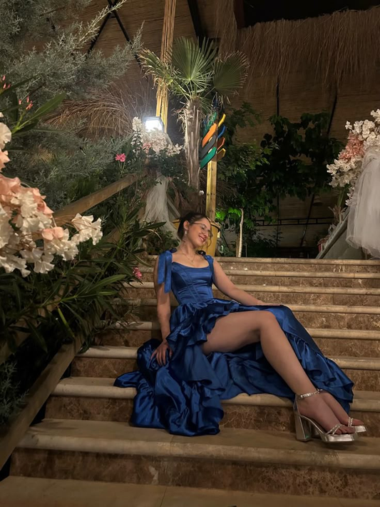 Blue Straps A-Line Satin Ruffles Long Formal Prom Dresses Birthday Dresses, D1069