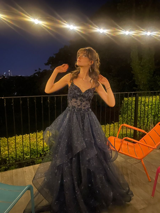 Shiny Navy Blue Spaghetti Straps A-Line Long Prom Dresses Birthday Dresses, D1070