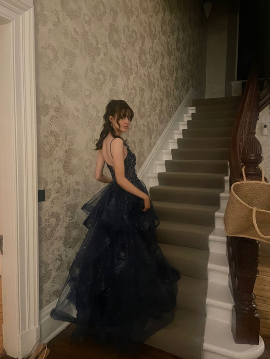 Shiny Navy Blue Spaghetti Straps A-Line Long Prom Dresses Birthday Dresses, D1070
