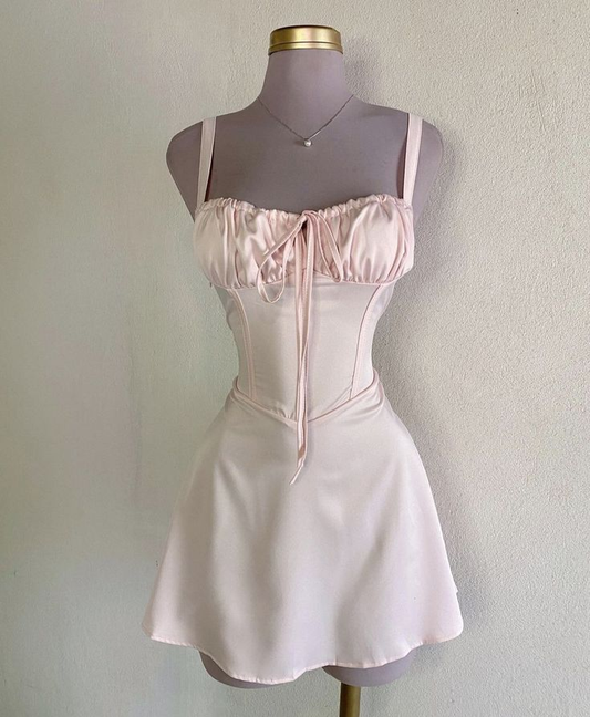 Light Pink Straps A-Line Satin Short Party Dresses Cute Homecoming Dresses, D1076
