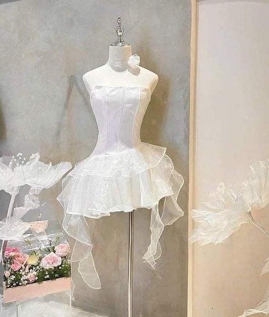 White Strapless A-Line Short Party Dresses Cute Homecoming Dresses, D1077