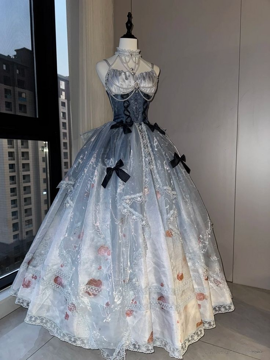 Light Blue Straps A-Line Lace Chiffon Birthday Ball Gowns Retro Prom Dresses, D1081