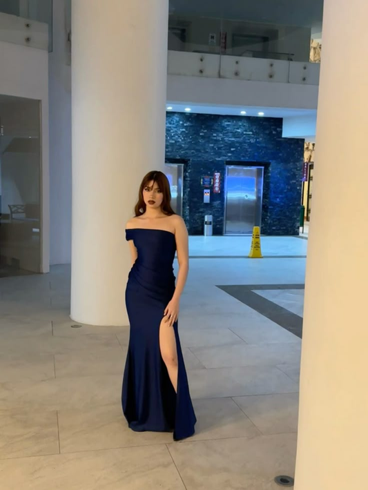 Navy Blue One Shoulder Mermaid Satin Long Party Dress Wedding Guest Dress, D1084