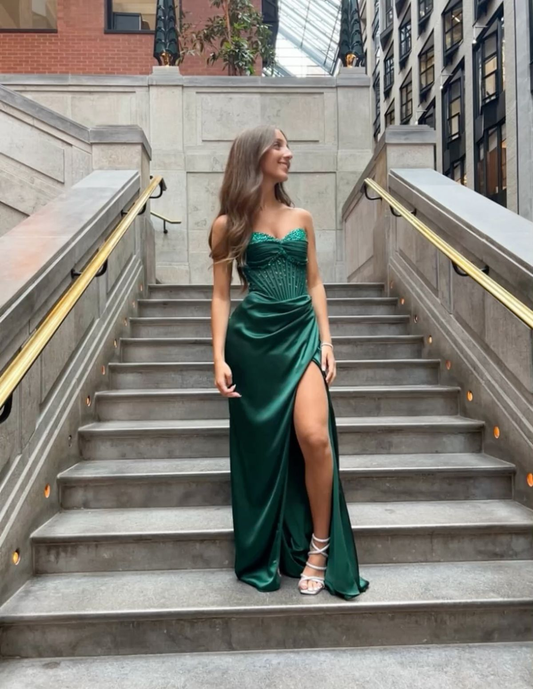 Green Sweetheart Sheath Satin Beaded Long Party Dresses Birthday Dresses, D1087