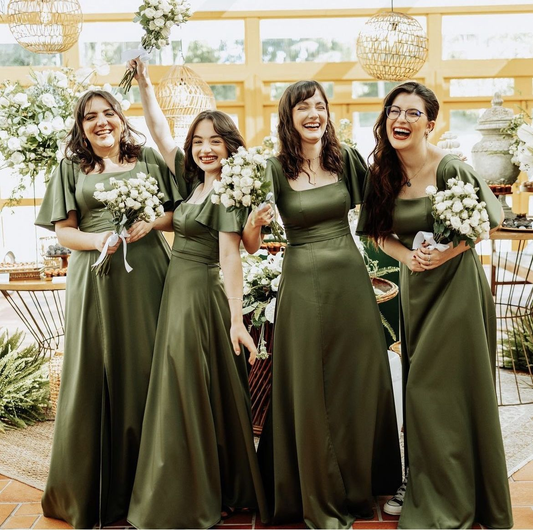 Elegant Green A-Line Satin Square Neck Simple Long Birdesmaid Dresses , D1088