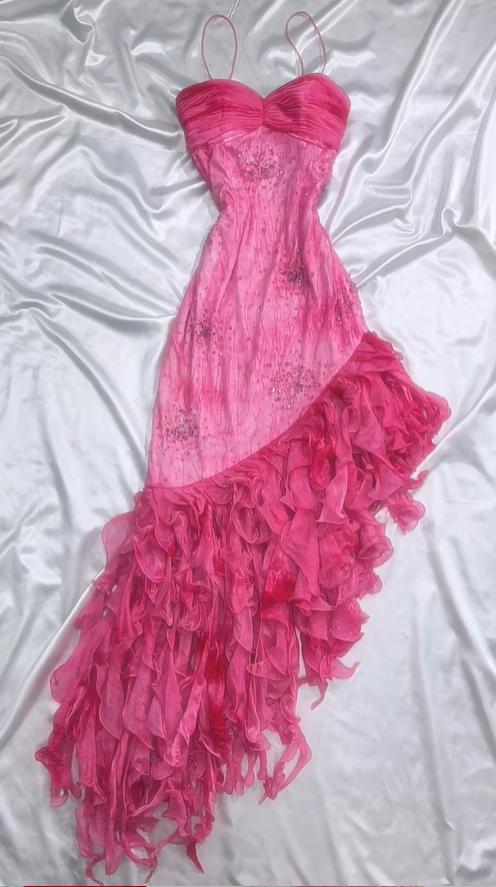 Hot Pink Spaghetti Straps A-Line Ruffles Beaded Vintage Long Party Dresses, D1090