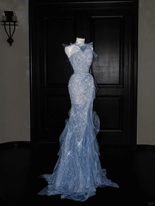 Blue Straps Ruffles Mermaid Beading Long Evening Dress Birthday Outfits, D806