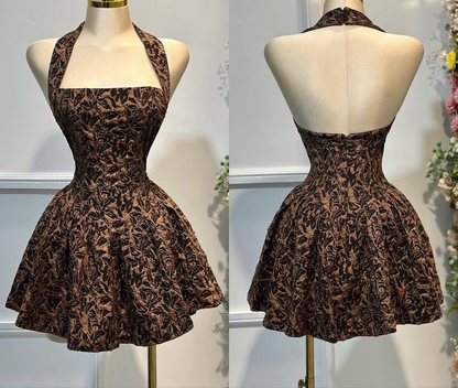 Pretty Brown Halter Neck A-Line Short Party Dresses Homecoming Dresses, D1111