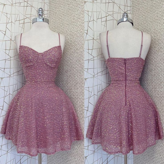 Pink Spaghetti Straps A-Line Short Birthday Dresses Homecoming Dresses, D1122