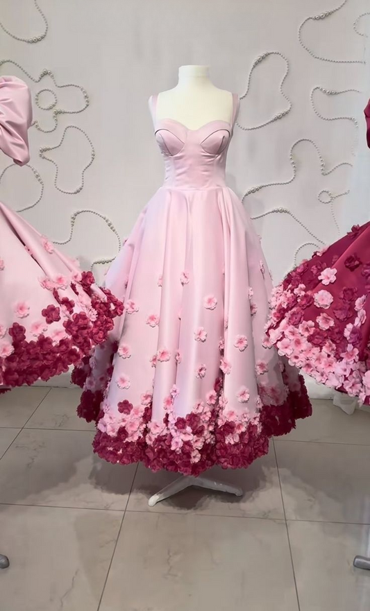 Pink Sweetheart Straps A-Line Satin Floral Long Party Dresses Birthday Outfits, D1128