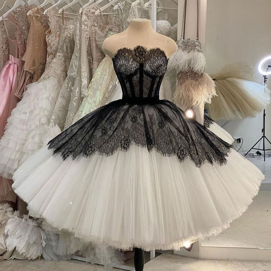 Elegant Strapless A-Line Lace Tulle Midi Length Party Dresses Birthday Gown, D1138