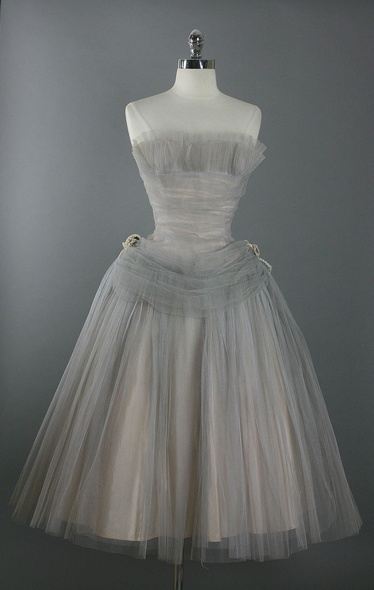 Grey Strapless A-Line Tulle Midi Lenght Cocktail Dresses Party Dresses, D1200