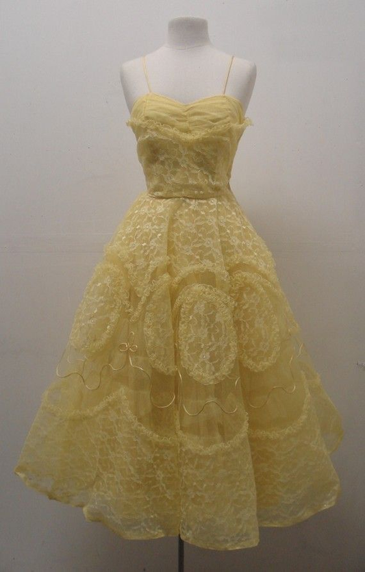 Yellow Spaghetti Straps A-Line Lace Midi Length Party Dresses  Birthday Dresses, D1201