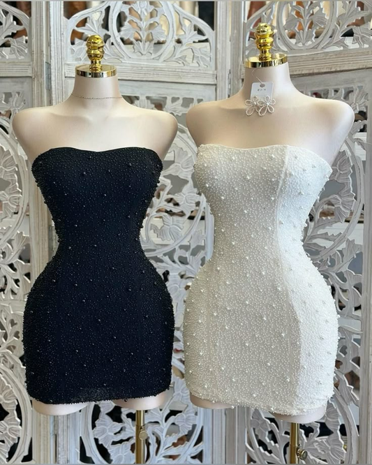 Sexy Black Strapless Sheath Beaded Short Party Dress Homecoming Dresses, D1203