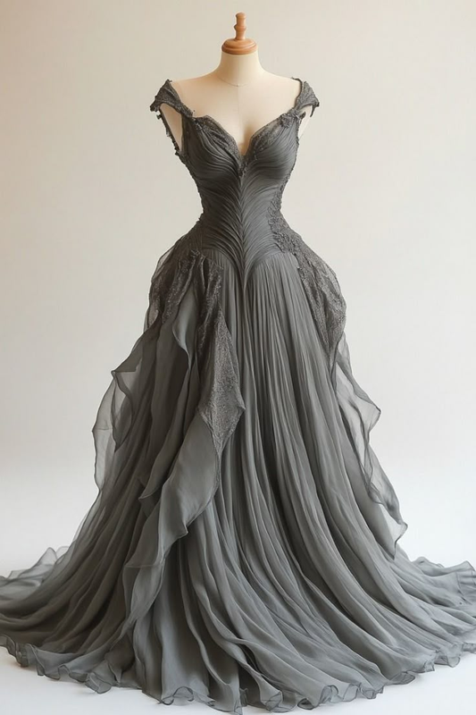 Modest Grey Sweetheart Sleeveless A-Line Chiffon Retro Evening Ball Gowns, D1205