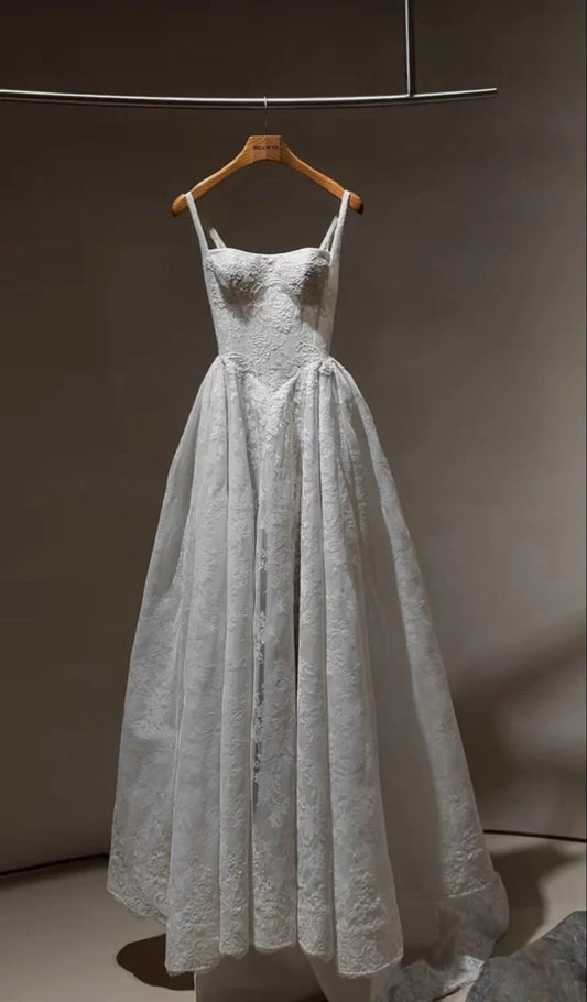 Elegant White Straps A-Line Lace Wedding Dresses Pretty Bridal Dresses, D1181
