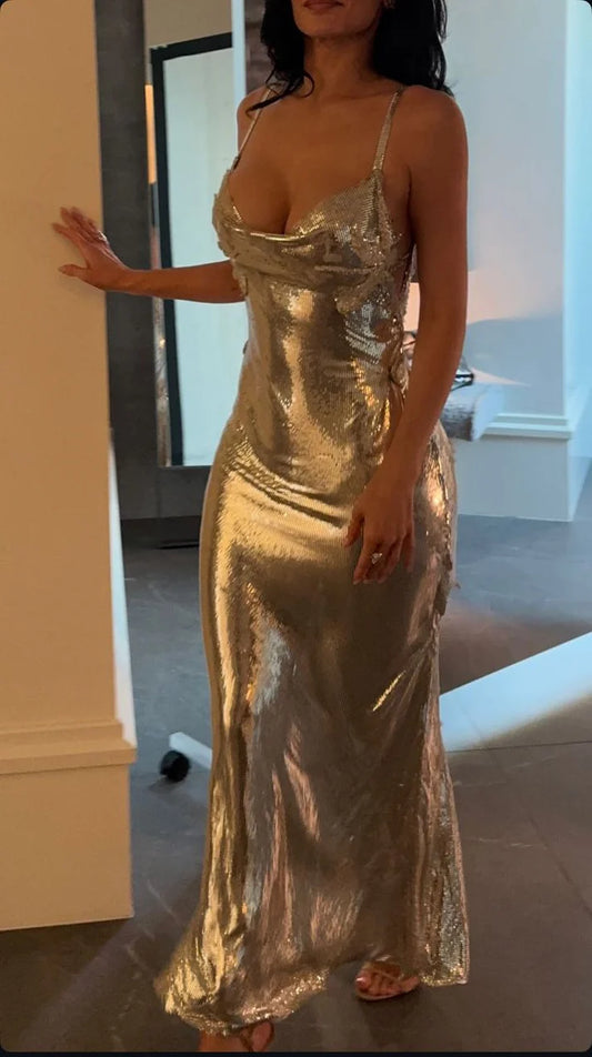 Silver Spaghetti Straps Mermaid Sequins Long Evening Party Dresses, D1184