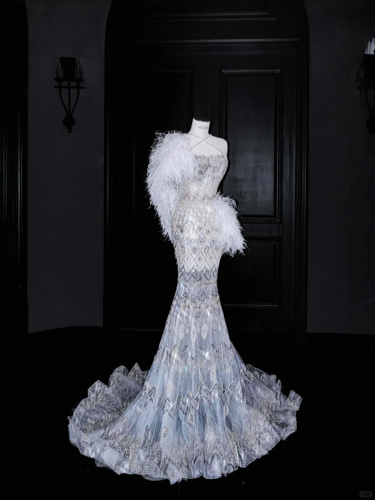 Atemberaubendes langes Abendkleid im Meerjungfrau-Stil mit gekreuzten Trägern und Perlenbesatz, Geburtstags-Outfits, D807