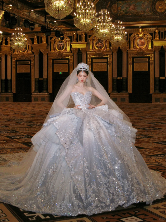 Superbe robe de mariée trapèze à paillettes et perles brillantes, robe de bal, robe de soirée, D1721