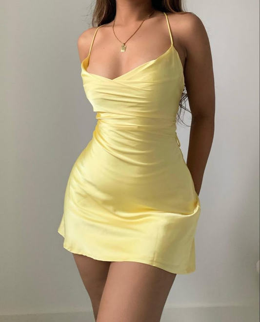 Yellow Straps Sheath Satin Short Party Dresses Homecoming Dresses, D1247