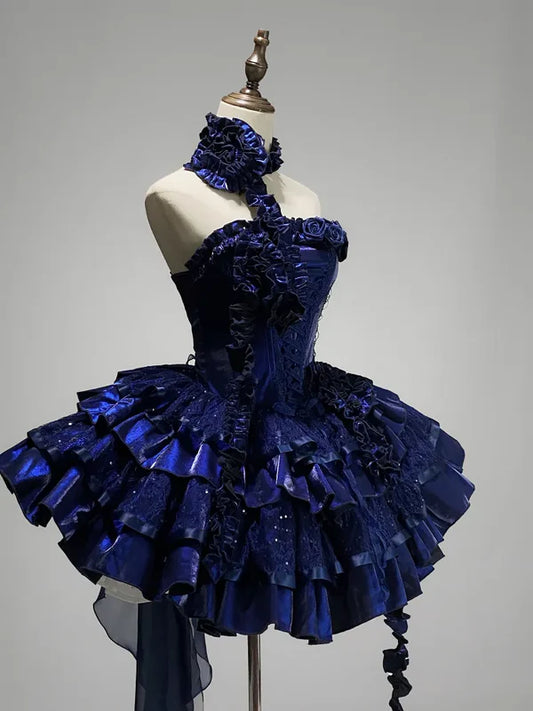 Royal Blue Strapless A-Line Tiered Short Party Dresses Homecoming Dresses, D1258