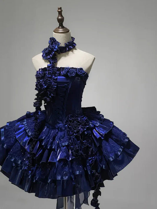 Royal Blue Strapless A-Line Tiered Short Party Dresses Homecoming Dresses, D1258