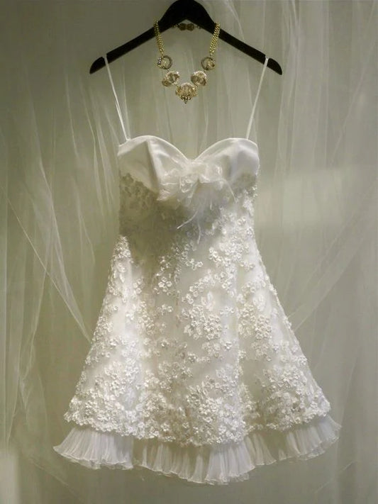 Lovely White Spaghetti Straps A-Line Lace Short Party Dresses Birthsday Outfits, D1260