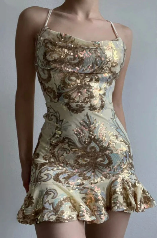 Retro Halter Neck Sheath Sequins Short Party Dresses Birthsday Outfits, D1261