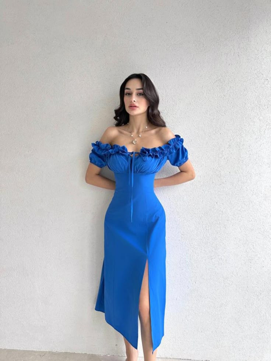 Charming Blue A-Line Long Party Dresses Wedding Guest Dresses, D1281