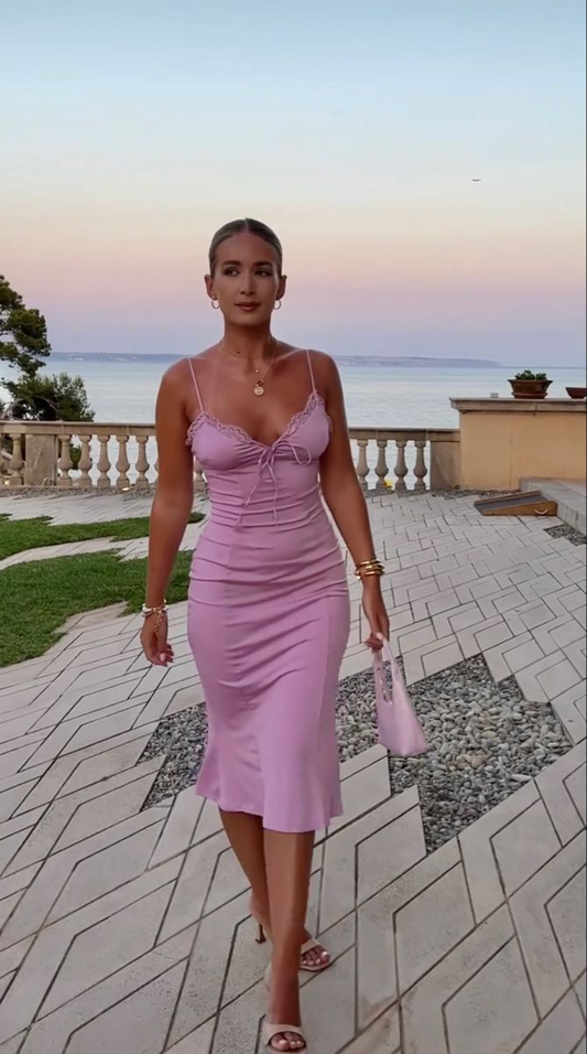 Lilac Spaghetti Straps Midi Length Party Drseses Wedding Guest Dresses, D1283