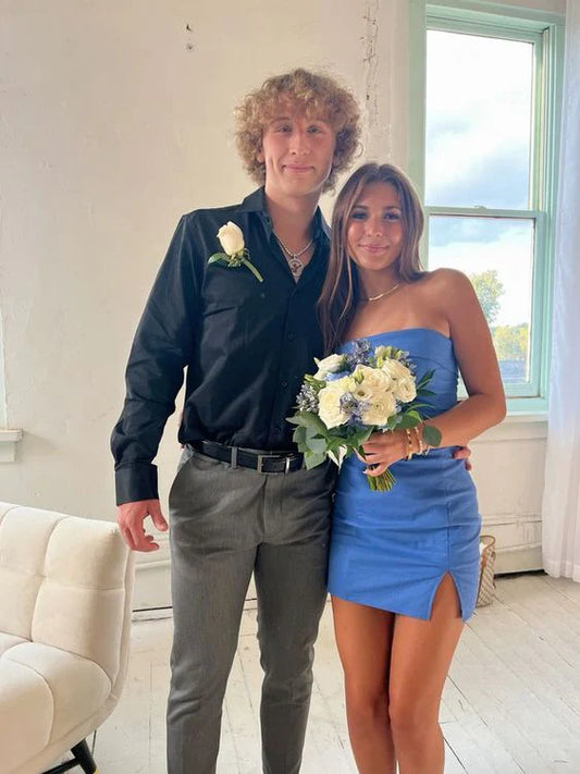 Blue Strapless Sheath Simple Homecoming Dresses Short Prom Dresses, D1292