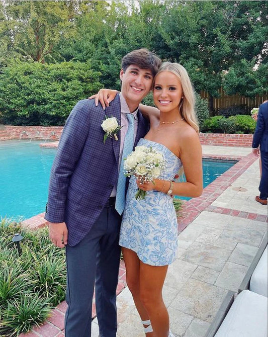 Cute Blue Strapless Sheath Homecoming Dresses Short Prom Dresses, D1293