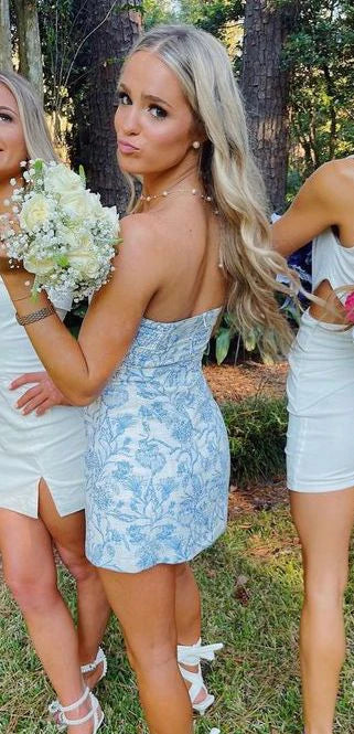 Cute Blue Strapless Sheath Homecoming Dresses Short Prom Dresses, D1293