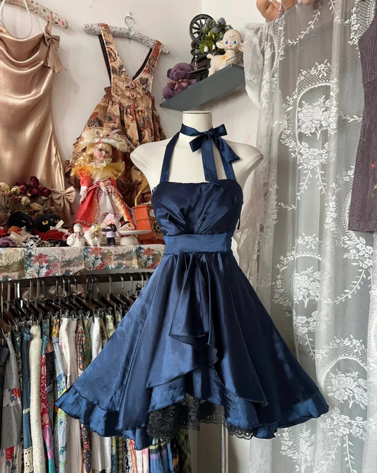 Navy Blue A-Line Halter Short Party Dresses Satin Homecoming Dresses, D1295