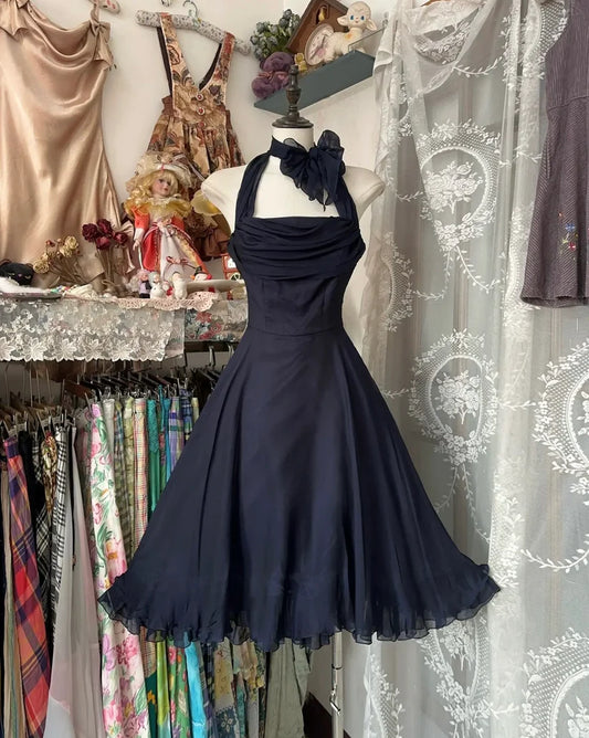 Navy Blue A-Line Halter Chiffon Vintage Short Dresses Homecoming Dresses, D1296