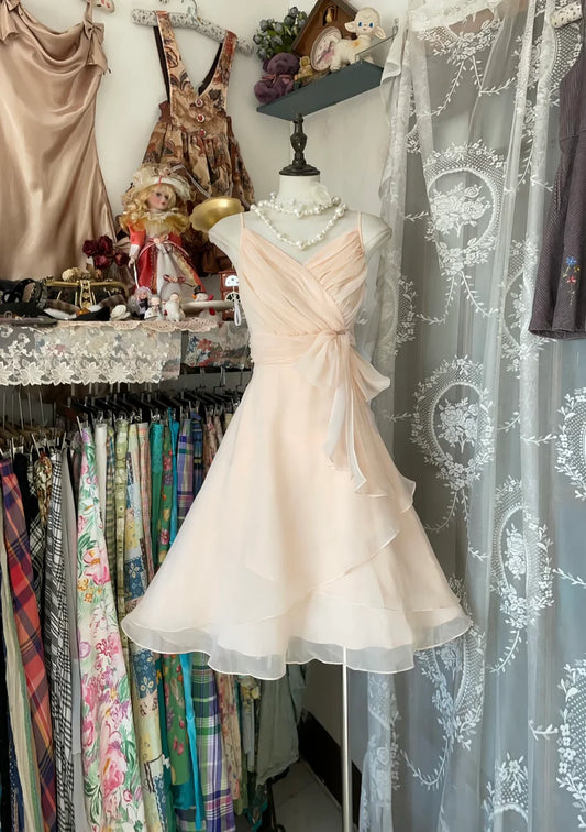 Light Pink Straps A-Line Chiffon Vintage Short Dresses Homecoming Dresses, D1297