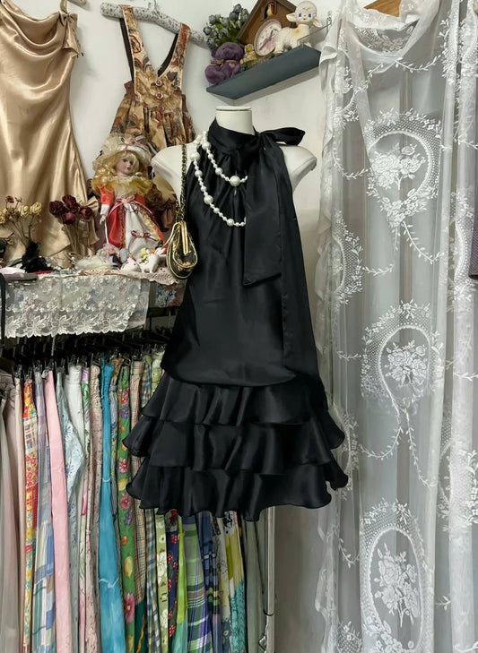 Black A-Line Halter Layered Homecoming Dresses Satin Short Party Dresses, D1300