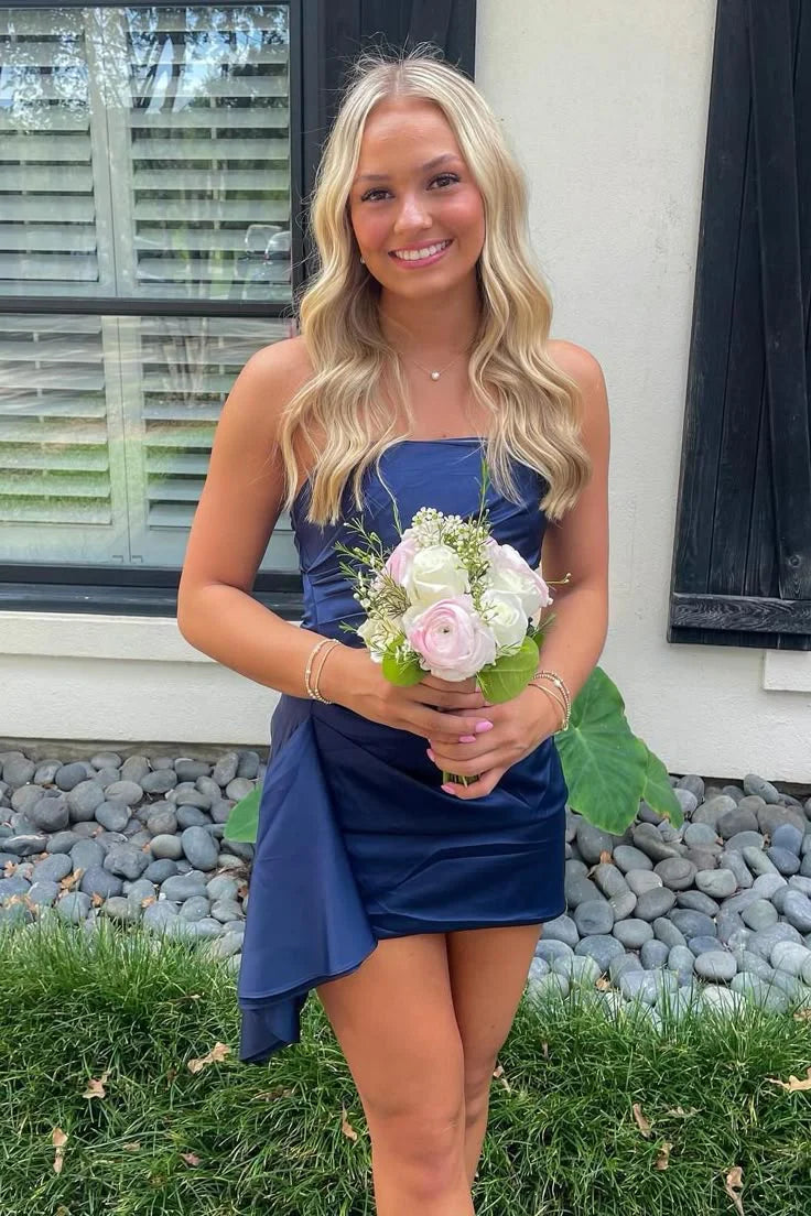 Navy Blue Strapless Sheath Satin Mini Cocktail Dresses Homecoming Dresses, D1302