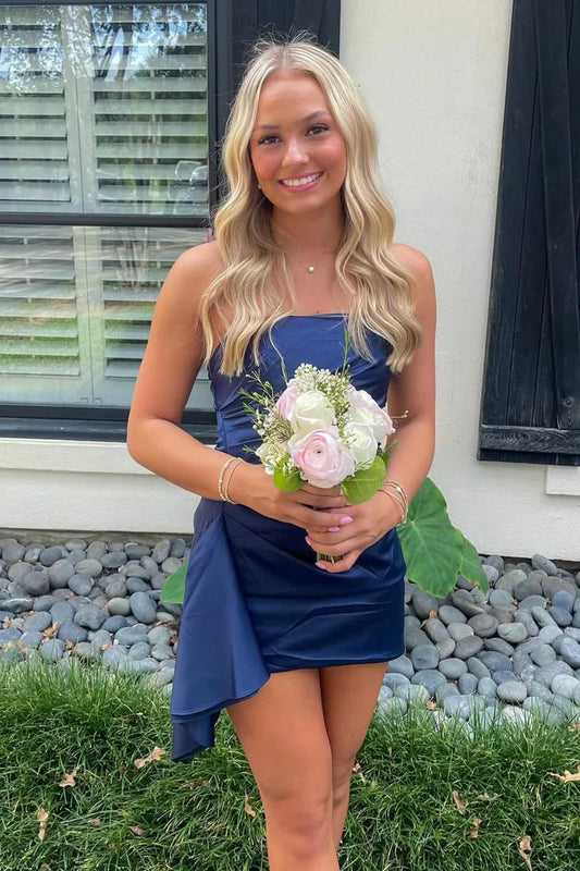 Navy Blue Strapless Sheath Satin Mini Cocktail Dresses Homecoming Dresses, D1302