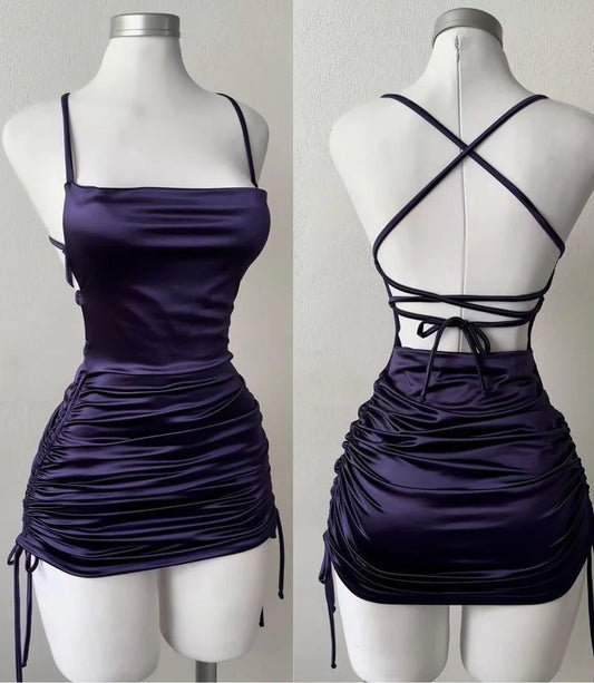 Purple Straps Sheath Satin Backless Homecoming Dresses Short Party Dresses, D1305