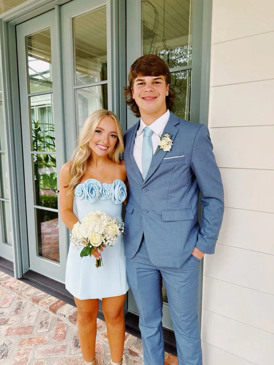 Light Blue Strapless Sheath Short Homecoming Dresses With 3d Flower, D1306