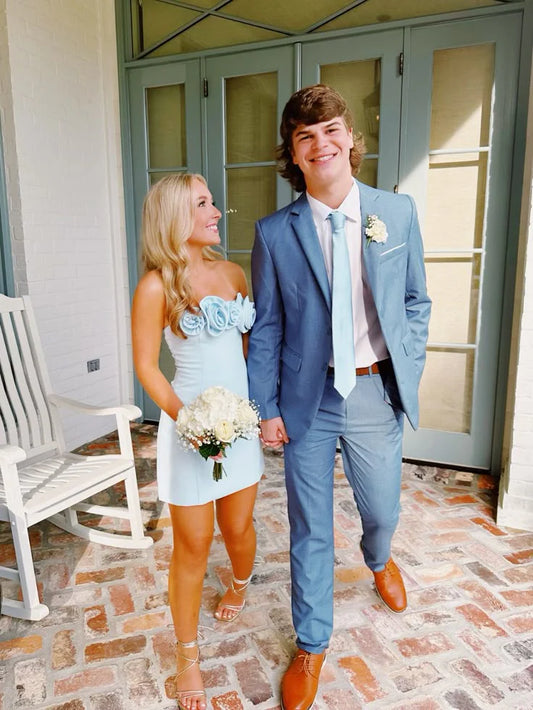 Light Blue Strapless Sheath Short Homecoming Dresses With 3d Flower, D1306